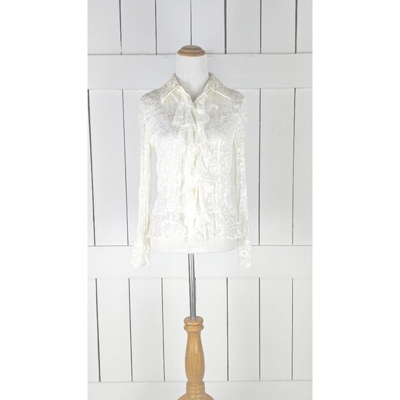Cold Water Creek sheer ivory floral ruffle button down long sleeve blouse PS - Picture 1 of 5